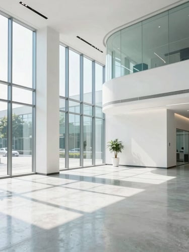 Bright airy modern corporate office lobby with glass walls, natural daylight streaming in, polished concrete floor reflecting light, minimal architectural lines, 35mm