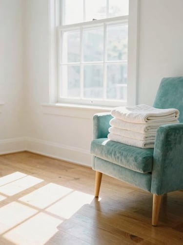 Bright sunlit living room with immaculate hardwood floors, daylight streaming through a large window, a neat stack of fresh towels on a soft teal chair, 35mm