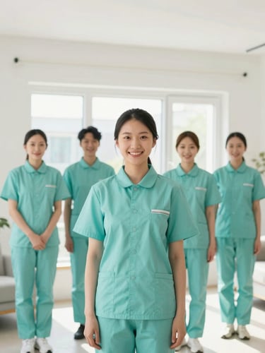 A bright, warm portrait of a professional cleaning team in neat teal uniforms, smiling in a sunlit, immaculate modern home, natural daylight, 35mm.