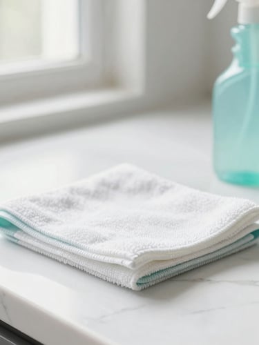 Close-up of natural cleaning tools, a neat microfiber cloth and non-toxic spray bottle on a bright white marble counter, sunlit background, 35mm.