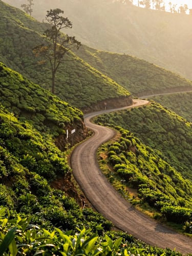 Winding mountain road in Munnar surrounded by lush green tea plantations, soft golden hour sunlight filtering through trees, 35mm lens