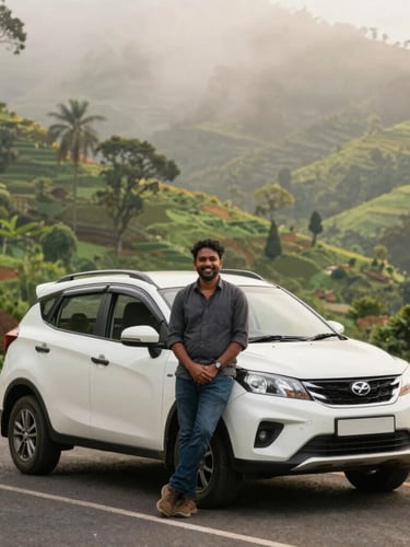A professional South Indian driver smiling warmly next to a clean private SUV, parked on a misty mountain road in Munnar, soft morning light, rich forest greens, 35mm lens.
