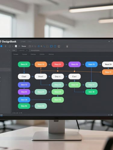 Crisp screenshot of DesignBook interface showing color-coded workflow steps, a green 'next' button highlighted, with a neutral daylight background.