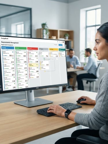 Crisp screenshot of DesignBook's modular interface with color-coded workflow, showing a requirements management screen, bright neutral daylight, sharp focus, 35mm