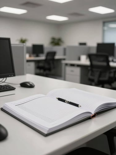 Wide shot of an organized corporate office workspace under uniform fluorescent daylight, an open compliance binder resting on a clean desk, no people present, functional and precise atmosphere