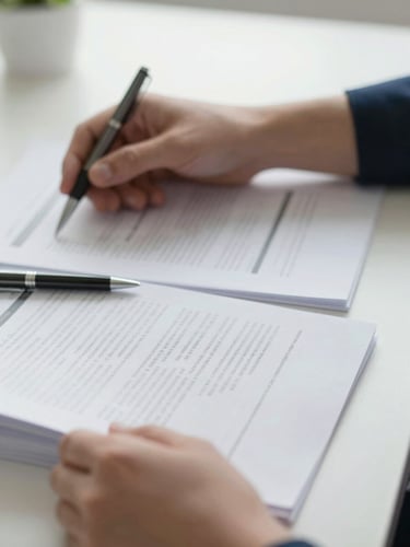 Close-up of hands turning pages of a printed financial compliance report on a clean desk under bright north-facing office light, document text visible but unreadable, pen resting beside the pages
