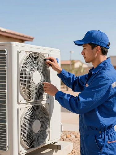 Medium shot of a professional HVAC technician in a clean blue uniform inspecting a modern outdoor air conditioning unit under bright Arizona desert daylight, sharp focus, 35mm photography.