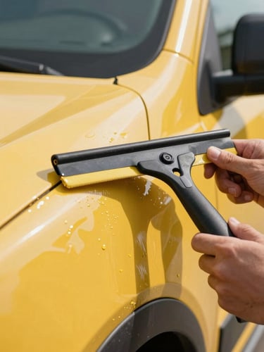 Close-up macro shot of professional hands using a squeegee to apply bright yellow vinyl film flawlessly onto the curved body of a commercial vehicle, crisp daylight