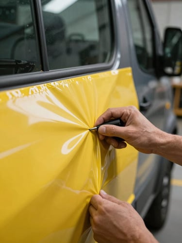 Macro shot of hands applying bright yellow vinyl decal to a dark commercial vehicle, sharp workshop side-lighting, industrial texture.