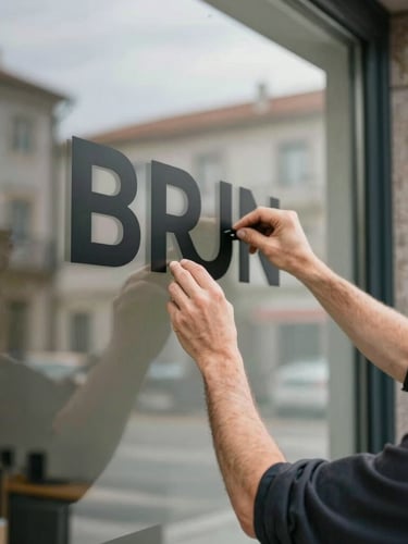 Close-up of a professional installer applying precision-cut matte black vinyl lettering onto a clean glass storefront window in Braga, natural daylight reflecting off the glass.