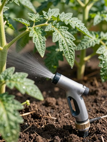 Close-up of clean water droplets spraying from a modern micro-irrigation nozzle onto vibrant green tomato leaves, rich dark soil below, bright morning sun, 35mm agricultural photography