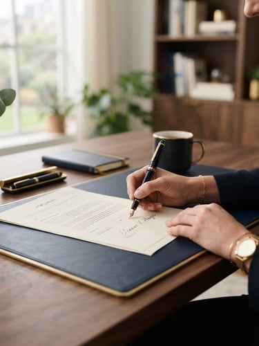 Professional workspace with hands signing documents, shallow depth of field, natural daylight, deep blue and warm gold accents.