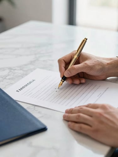 A professional close-up of a document signing on a marble table, hands holding a classic fountain pen, soft natural daylight, deep blue and warm gold accents