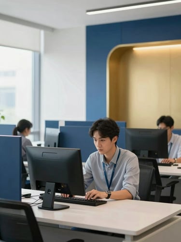 Modern office interior with clean architectural lines, natural light, a focused professional working at a desk, deep blue and gold accents.