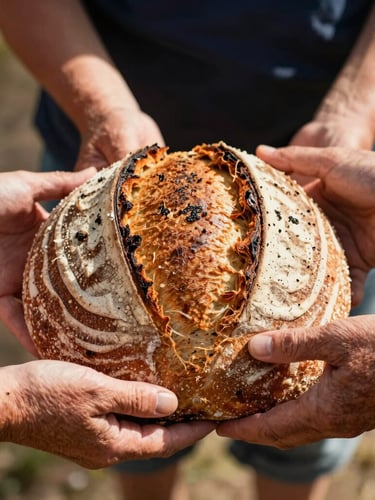 Warm, close-up shot of hands of different generations holding a rustic loaf of freshly baked sourdough bread, natural sunlight, soft shadows