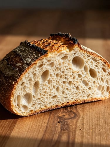 Close-up of a rustic sourdough bread loaf sliced open on a dark wooden table, visible airy crumb structure, warm sunlight casting long shadows, organic texture
