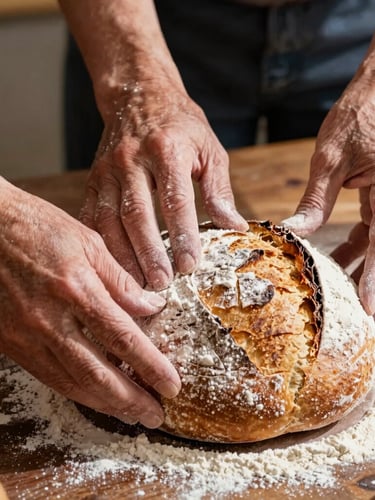 Macro shot of hands of different generations preparing food, dusting flour over a rustic sourdough boule on a dark wooden table, warm sunlight casting soft shadows, rich textures, 35mm