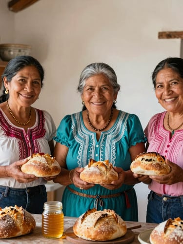 Warm editorial portrait of three generations of Mexican women smiling in a sunlit rustic kitchen, holding fresh sourdough bread and organic honey, rich textures, natural lighting, 35mm