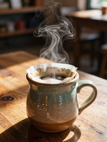 Warm sunlit close-up of a rustic ceramic mug with pour-over coffee, steam rising, on a textured wooden table in a cozy Chiapaneco cafe, shallow depth of field, 35mm