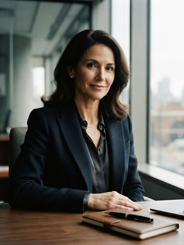 Close-up portrait of a confident executive in a modern office, soft directional window light, elegant editorial photography style, shallow depth of field, high-contrast.