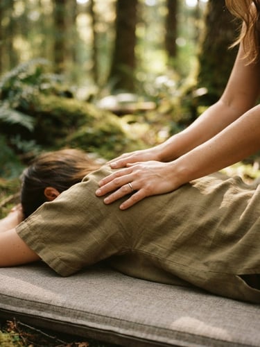 Close-up of gentle, supportive hands practicing somatic Thai Bodywork, soft filtered woodland daylight, warm editorial photography, shallow depth of field, 35mm
