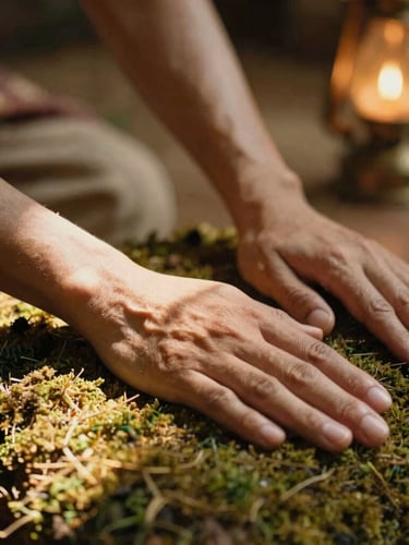 Close-up of hands during traditional Thai Bodywork, soft filtered daylight, warm indoor oil-lamp glow in the background, shallow depth of field, 35mm.