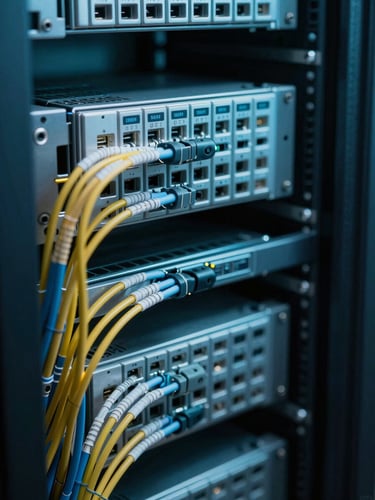 High-contrast, cool-toned macro photograph of fiber optic cabling inside an enterprise server rack, subtle teal ambient lighting, razor-sharp technical focus.
