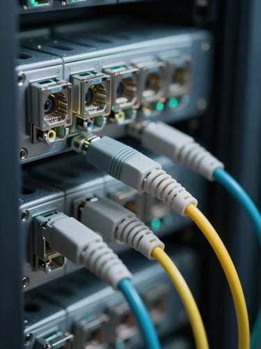 Macro close-up of fiber optic cabling in a cool-toned server room, sharp focus on technical connectors, subtle teal ambient light.