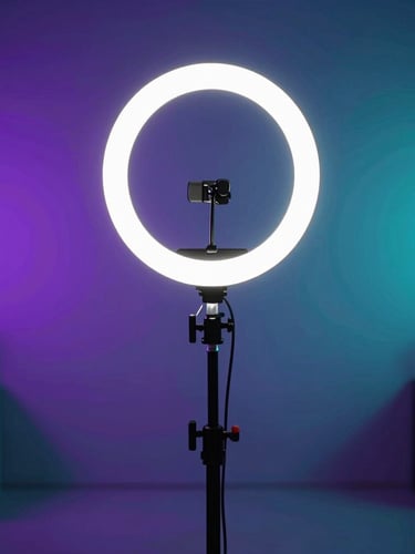 Futuristic mobile studio setup, professional ring light, neon purple and teal ambient glows, high-contrast creative environment.