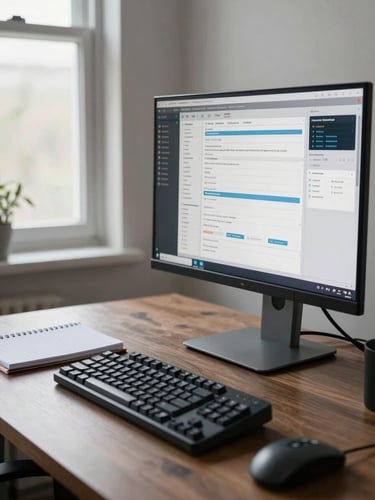 Wide environmental shot of an organized workspace desktop, a high-resolution operational dashboard open on a large monitor to the right edge of frame, a secondary notebook and mechanical keyboard in the foreground left, even north-facing daylight from a window off-left, no people visible, precise and ordered composition