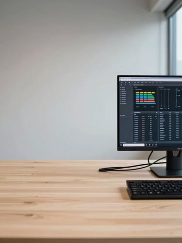 Wide environmental shot of an organized workspace, left side open with generous negative space, a desktop monitor displaying a structured operational dashboard in the right third, even north-facing daylight, cables neatly routed, no clutter, precise and architectural in composition