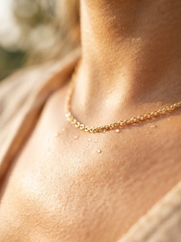 Macro shot of a gold chain necklace on sun-drenched skin, water droplets glistening on the metal, warm natural afternoon light