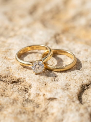 Macro close-up of premium gold rings resting on warm textured stone, bright natural sunlight casting soft shadows.