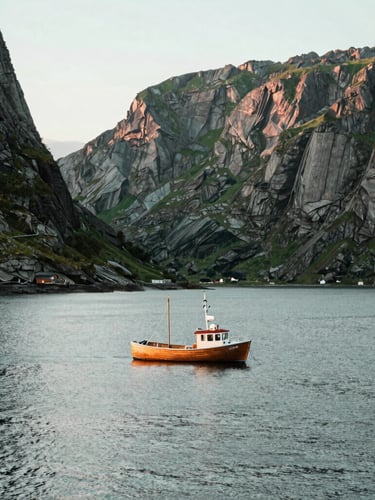 A lone wooden fishing boat in a calm Norwegian fjord at sunrise, surrounded by steep, green cliffs, cold northern daylight, desaturated sea green tones.