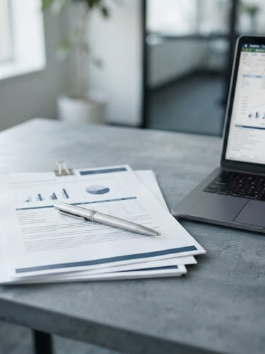 Close-up of organized corporate documents, a sleek pen, and a laptop on a clean slate gray desk, bright natural morning daylight, sharp focus, 35mm