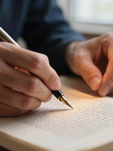 Close-up macro photography of hands editing a printed manuscript with a classic fountain pen, warm study-lamp glow, paper texture visible, shallow depth of field
