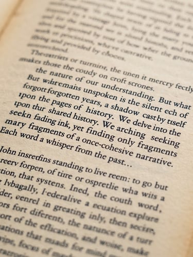 A close-up macro shot of a printed manuscript page with elegant serif typography, natural warm window light casting soft shadows across the paper texture, 35mm photography