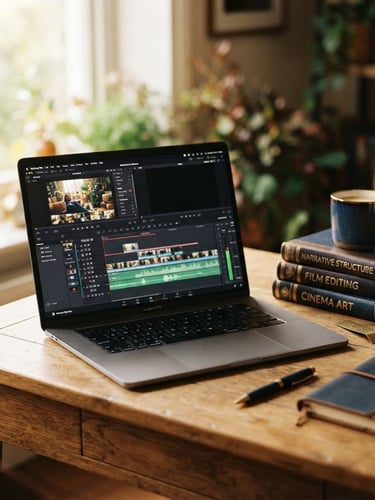Warm editorial photography of a clean oak writing desk with a laptop showing editing software, a stack of hardback books nearby, soft morning window light, shallow depth of field, 35mm