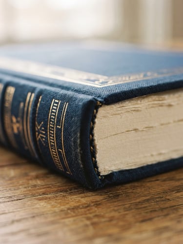 Close-up of a high-quality physical book showing textured paper and binding, soft window light, rich navy tones, shallow depth of field, 35mm