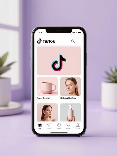 Close-up mobile screen displaying a beautifully curated TikTok shop on a pastel lavender background, bright aesthetic photography, soft pastel tones, diffused natural daylight