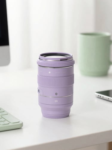 Bright aesthetic photography of a clean minimalist workspace with soft lavender and matcha green tech accessories, diffused natural daylight, 35mm lens, portrait crop