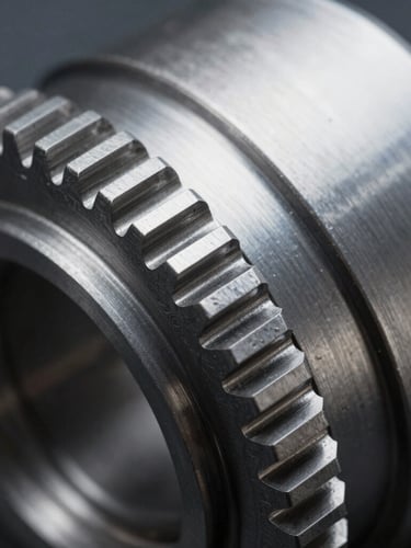 Extreme macro photography of an etched stainless steel automotive gear edge, clean burr-free cuts, cool high-contrast industrial lighting highlighting metallic sheen