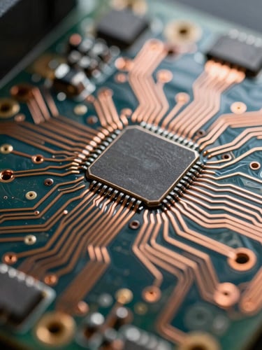 Ultra-close-up macro shot of an electric copper circuit board, showing clean chemical etched pathways, metallic sheen, cool high-contrast industrial lighting, technical blueprint style.