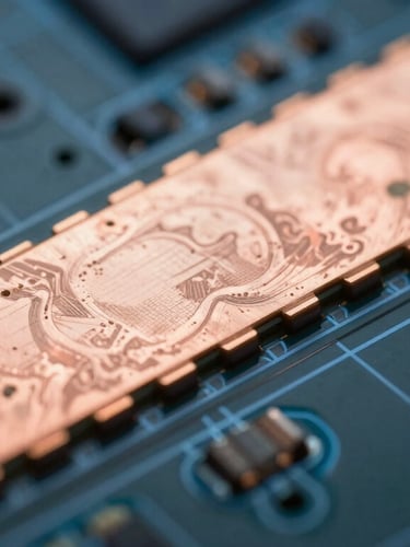 Extreme macro photography of a copper PCB track, showing perfectly clean, burr-free chemically etched edges, technical blue grid overlay.