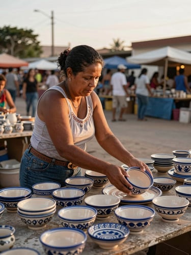 Wide shot of artisan woman arranging ceramic pieces on a market stall table in an open-air Ceará feira, golden hour side light, hands visible placing a hand-painted bowl, documentary realist