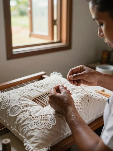 Close environmental shot of artisan hands threading bobbins on a lace pillow in a home workshop in Aquiraz, Ceará, natural north-facing window light, thread patterns visible, documentary style