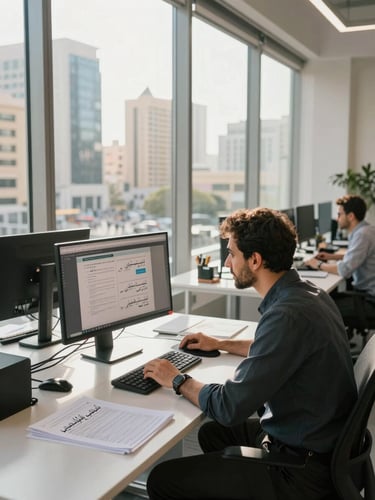 Wide shot of a modern open workspace in an Arabic city, a professional reviewing content on a large monitor, natural daylight flooding through floor-to-ceiling windows, clean desk with Arabic-language documents visible, warm morning light, slightly elevated angle showing the environment