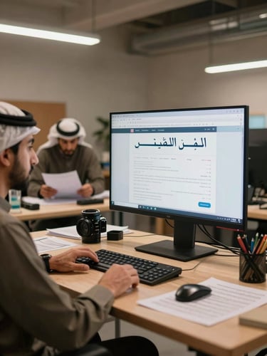Wide environmental shot inside a collaborative studio workspace, two Arabic-speaking professionals at a standing desk examining a large monitor displaying Arabic-language web layouts, natural overhead studio lighting, warm tones, a third colleague visible in the background reviewing printed pages, hands engaged with materials on the desk surface