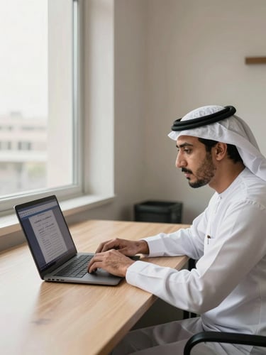Wide shot of an Arabic-speaking professional at a clean modern desk, natural daylight from a large window to the left, laptop open with Arabic-script interface visible, hands resting on keyboard mid-thought, warm neutral workspace background