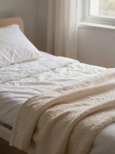 Close-up of a neatly prepared home care bed with clean linens and a soft warm blanket, illuminated by gentle morning window light.